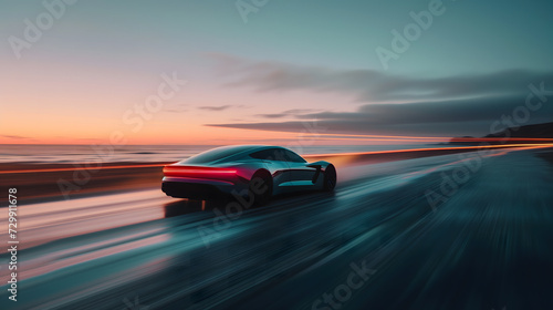  a sleek, modern electric car gliding along a coastal road, its motion blur capturing the essence of speed and the silent grace of electric propulsion © Christian