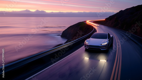  a sleek, modern electric car gliding along a coastal road, its motion blur capturing the essence of speed and the silent grace of electric propulsion