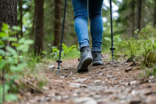 person with walking poles on forest trail