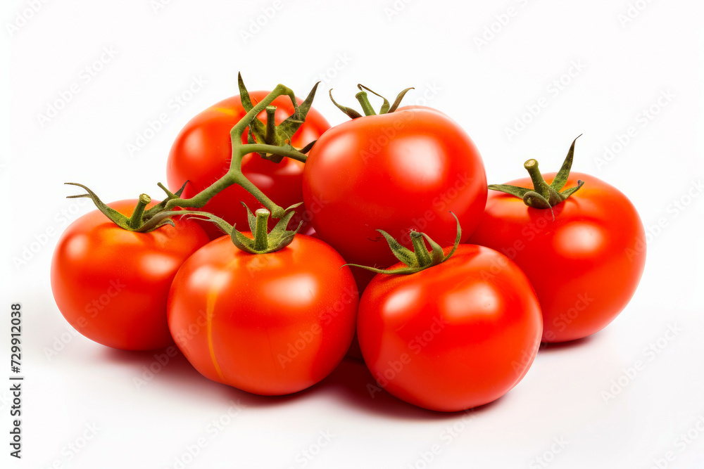 Group of tomatoes on white background.