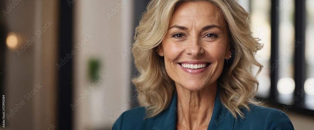 Profile picture of happy attractive middle-aged entrepreneur woman. Good-looking mature woman pose touch chin with hand staring at camera, having wide toothy smile feel satisfied, close up portrait