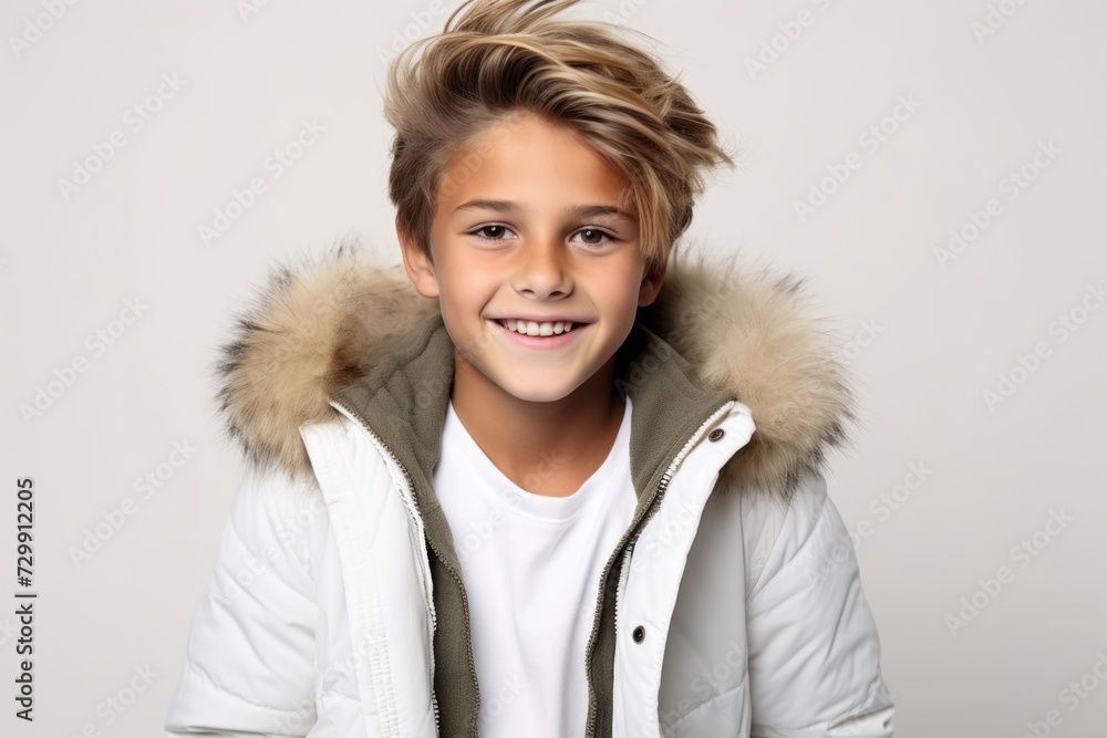 Portrait of a cute young boy in a white jacket and fur hood. Portrait of a cute young boy in a white jacket and fur hood.