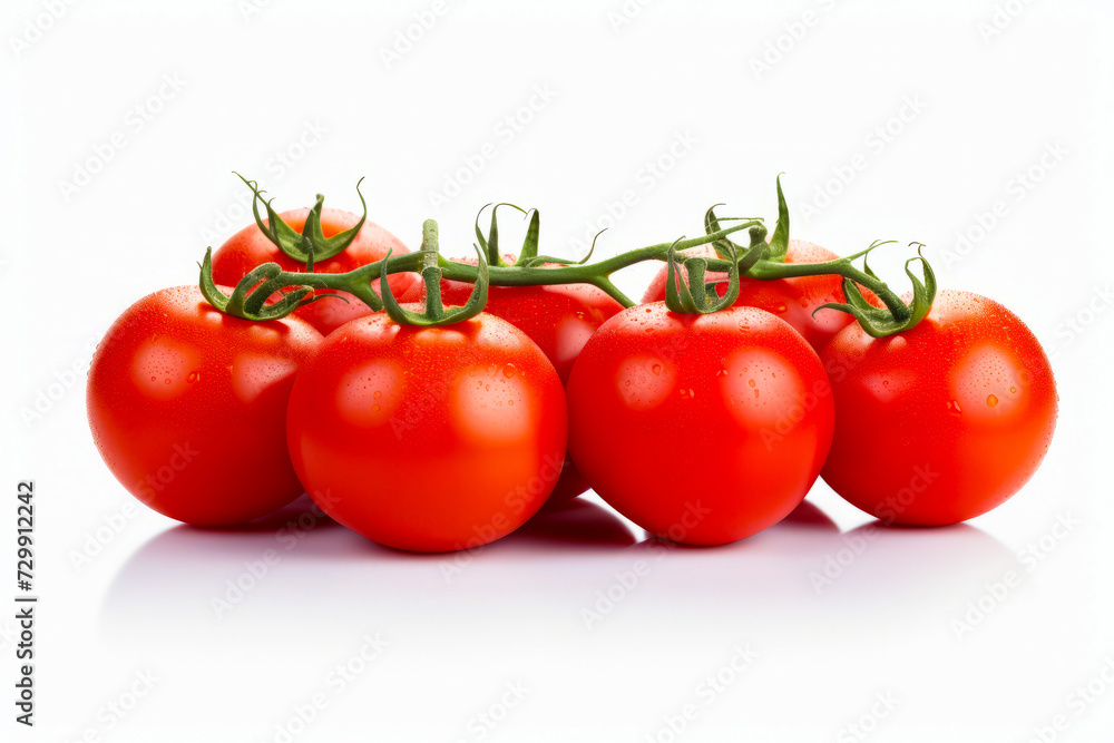 Group of tomatoes with green stems on white background. Group of tomatoes with green stems on white background.