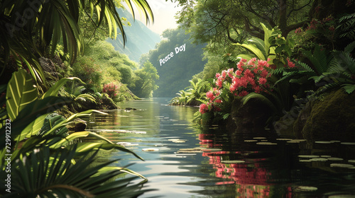 A serene landscape with a river flowing through lush greenery, with the words "Peace Day" etched in the sky.