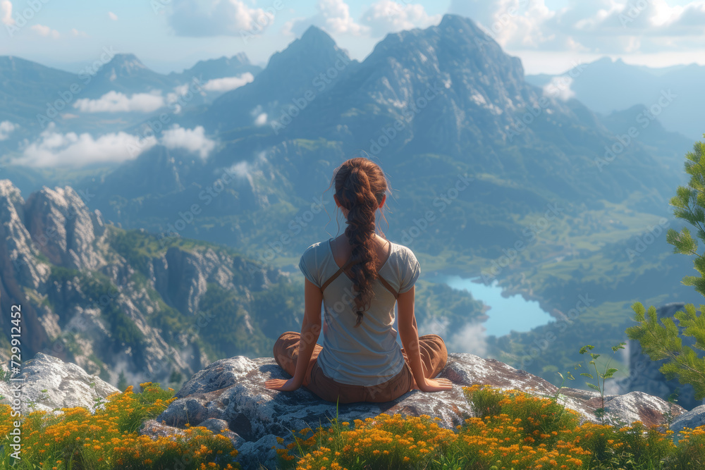 A virtual reality meditation app that transports users to serene mountaintops, allowing them to meditate with breathtaking panoramic views. Concept of VR mountain meditation. Generative Ai.