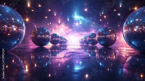 Disco Dreamscape: Disco balls casting dazzling reflections on a groovy, starlit dance floor.