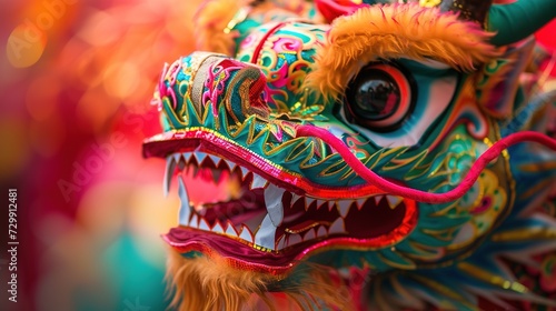 Close-up view of dragon dance costume's detailed patterns during Chinese New Year. Bright colors and textures highlight the costume's beauty and craftsmanship.