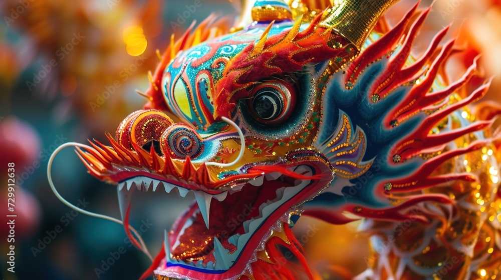 Close-up view of dragon dance costume's detailed patterns during Chinese New Year. Bright colors and textures highlight the costume's beauty and craftsmanship. Close-up view of dragon dance costume's detailed patterns during Chinese New Year. Bright colors and textures highlight the costume's beauty and craftsmanship.