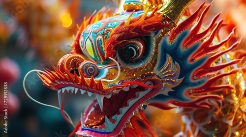 Close-up view of dragon dance costume s detailed patterns during Chinese New Year. Bright colors and textures highlight the costume s beauty and craftsmanship.