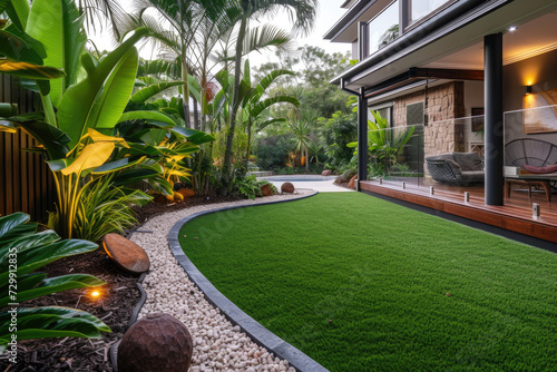 A contemporary Australian home or residential buildings front yard features artificial grass lawn turf, timber edging and many tropical plants photo