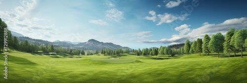 Beautiful panorama of golf course with green grass and mountains in background  Ai Generated