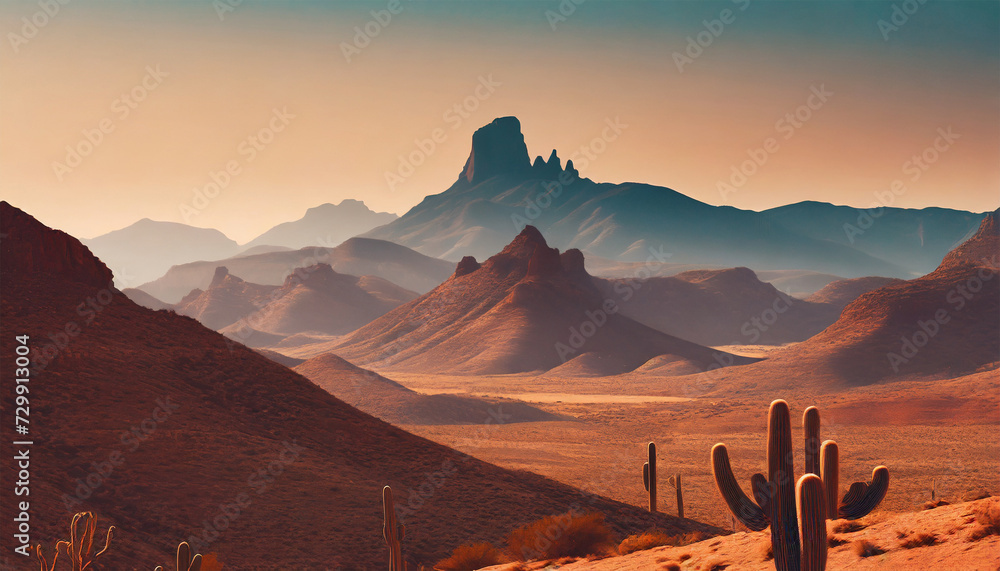 Texas Mountain Desert Landscape: A backdrop of rugged mountains and desert terrain in Texas, evoking the adventurous spirit of the Wild West. - obrazy, fototapety, plakaty 