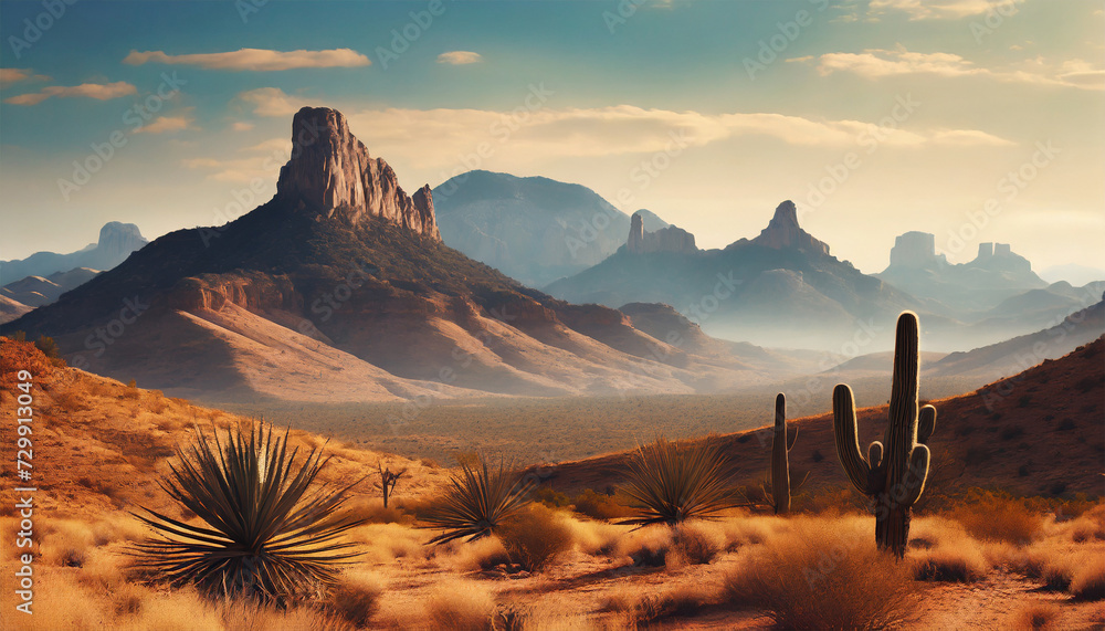 Texas Mountain Desert Landscape: A backdrop of rugged mountains and desert terrain in Texas, evoking the adventurous spirit of the Wild West. - obrazy, fototapety, plakaty 