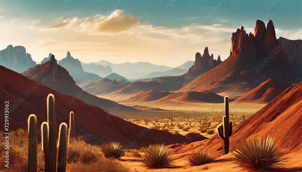 Texas Mountain Desert Landscape: A backdrop of rugged mountains and desert terrain in Texas, evoking the adventurous spirit of the Wild West - obrazy, fototapety, plakaty 