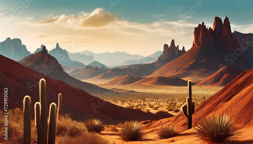 Texas Mountain Desert Landscape: A backdrop of rugged mountains and desert terrain in Texas, evoking the adventurous spirit of the Wild West photo