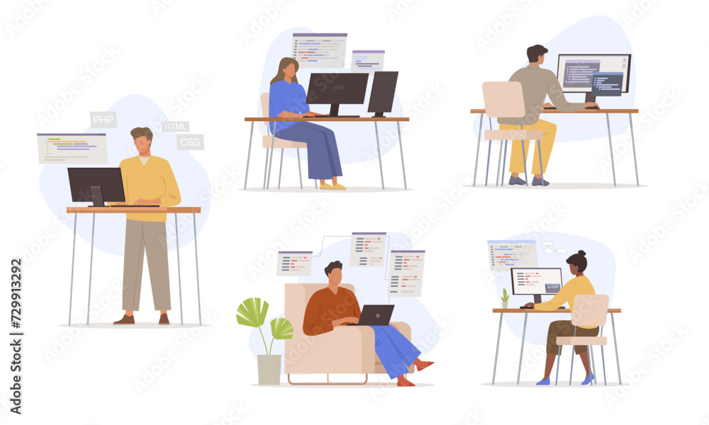 Fototapeta premium people IT programmers. software development computers, script coding php, javascript languages concept, technology professional corporate characters working. vector cartoon characters collection.