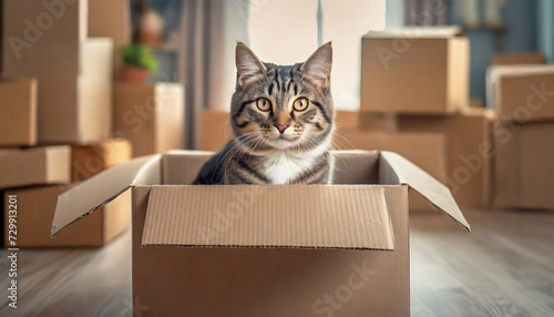 Relocation and Donation Concept: Stack of Cardboard Boxes with Cat Inside Empty Box in New Home