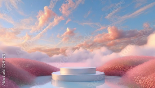 Backdrop of natural beauty podium for product display against a dreamy sky background. Romantic 3D setting