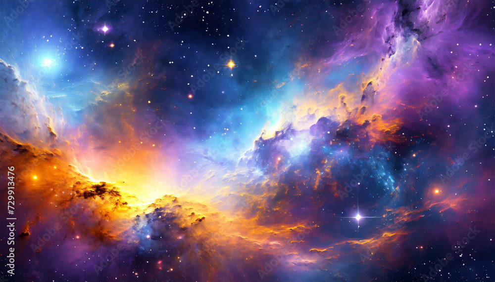 Abstract cosmos background featuring nebulae and galaxies in space.