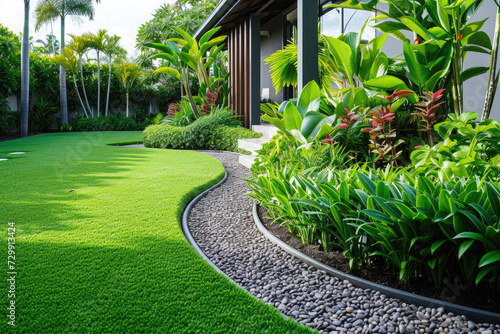 A contemporary Australian home or residential buildings front yard features artificial grass lawn turf, timber edging and many tropical plants