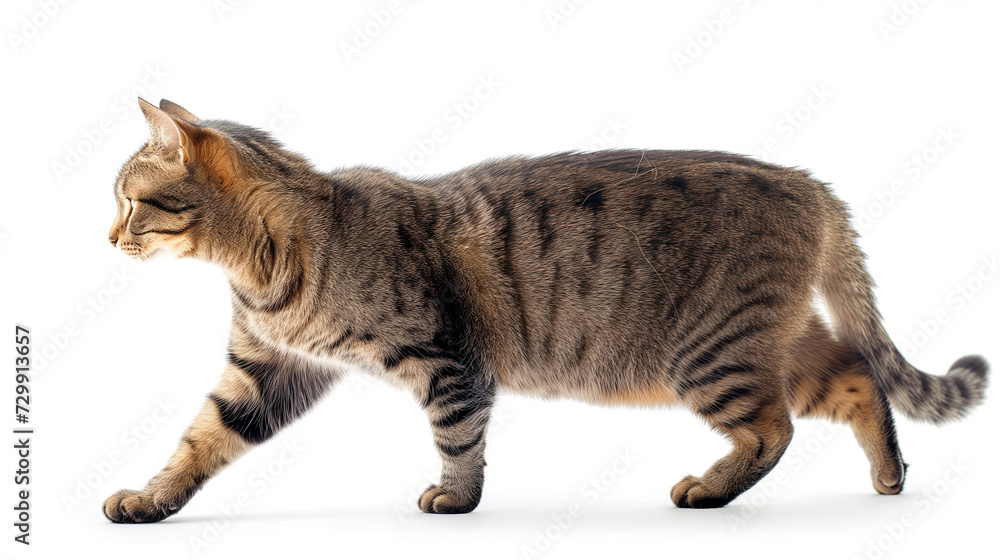 A shorthair cat gracefully paces against a pristine white backdrop A shorthair cat gracefully paces against a pristine white backdrop