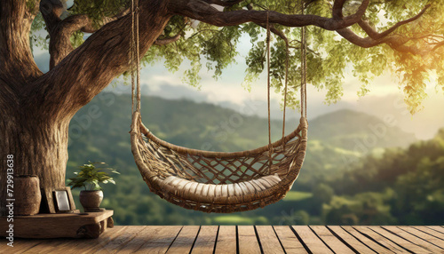 Old wooden terrace with wicker swing hang on the tree with blurry nature background 3d render #729913638