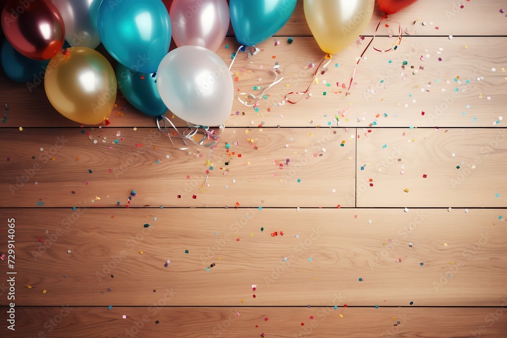 Colorful balloons and confetti on bleached wooden planks background, Ai Generated - obrazy, fototapety, plakaty 