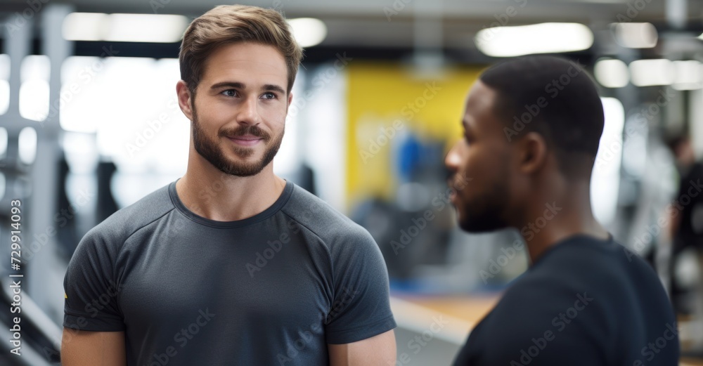 Personal trainer guides client through exercises in a dynamic gym setting Personal trainer guides client through exercises in a dynamic gym setting