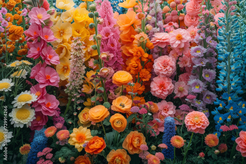 A maximalist garden in full bloom showcases a profusion of colors as flowers of every shade intertwine, creating a harmonious symphony of nature's vibrant palette.  Generative Ai.