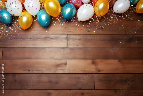 Colorful balloons and confetti on wooden background with copy space, AI Generated