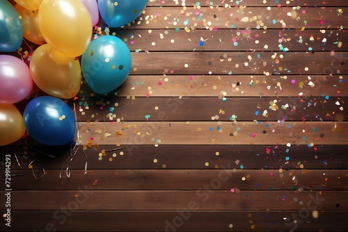 Colorful balloons and confetti against dark wooden planks background, Ai Generated
