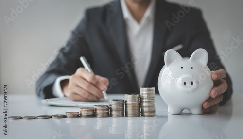 Individual with Stack of Coins and Piggy Bank, Illustrating Money Saving Concept for Future Financial Stability, Salary Management, Personal Finance, and Investment Savings, No Face Visible