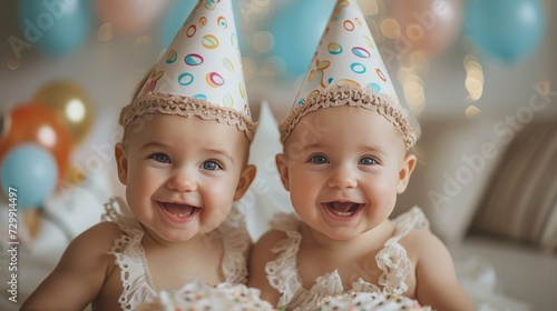 Birthday Twins: Twins celebrate their special day with matching smiles, doubl...