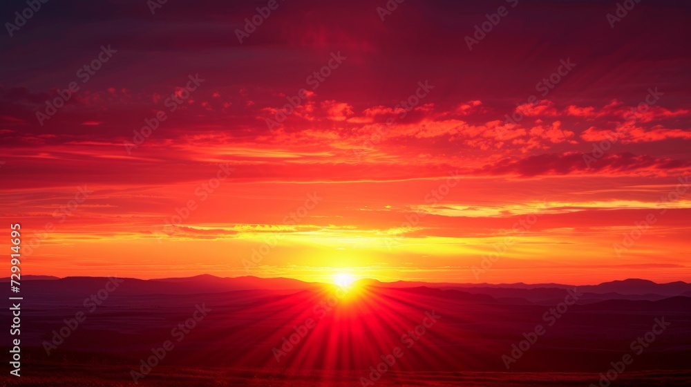 Crimson Sunset Silhouette: Deep reds and oranges paint a stunning abstract picture of a serene sunset over a silhouetted landscape.