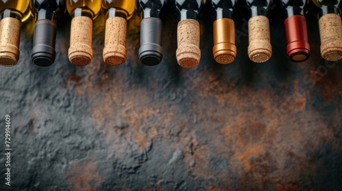 Cascading wine bottles and corks, conveying a passion for viniculture