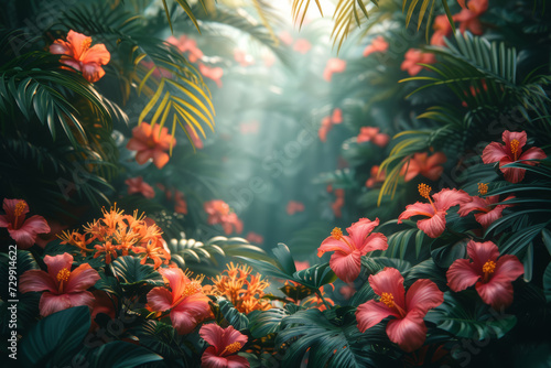 A maximalist explosion of colors in a tropical paradise scene captures the lush beauty and vibrancy of nature  symbolizing the richness of biodiversity in a lively ecosystem.  Generative Ai.