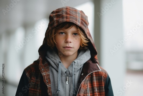 Portrait of a cute little boy in a checkered jacket.