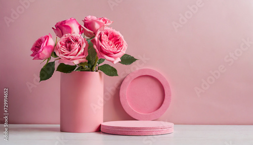 Pink roses arranged in a pink vase beside a circular podium against a pink backdrop with available space for text.