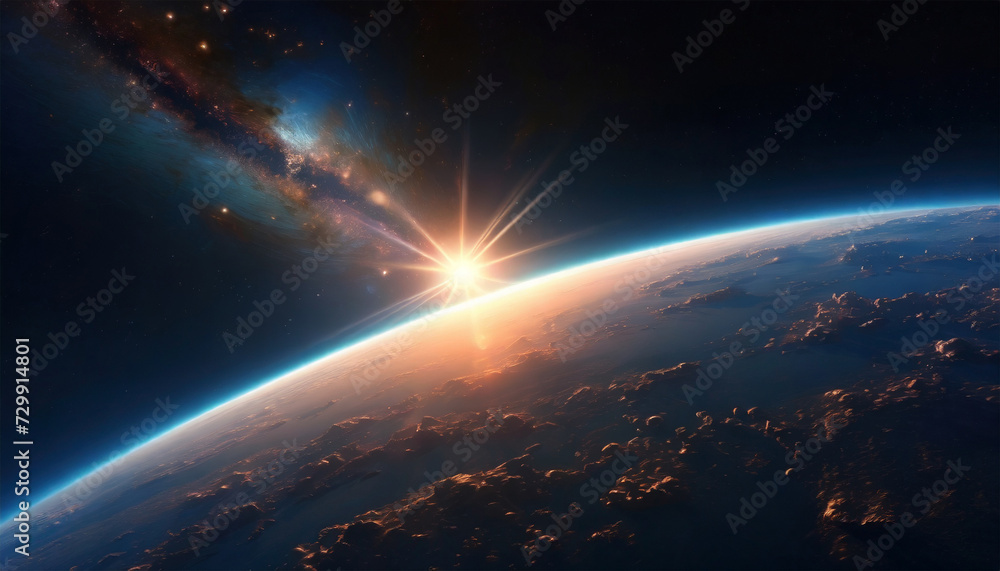 Galactic space background featuring a planet surface illuminated by sunlight. A futuristic fantasy planet viewed from space, ideal for realistic wallpaper.