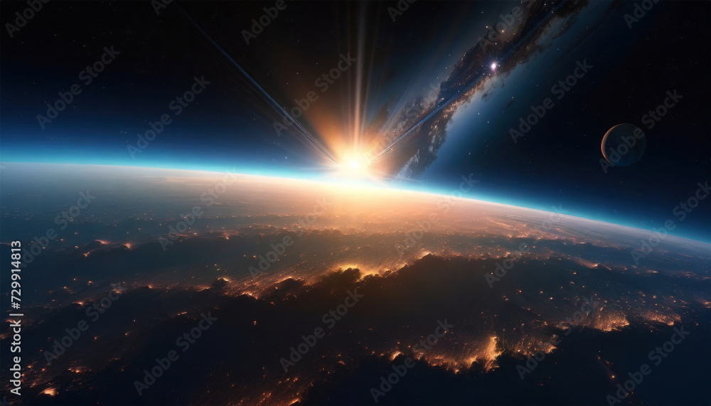 Galactic space background featuring a planet surface illuminated by sunlight. A futuristic fantasy planet viewed from space, ideal for realistic wallpaper.