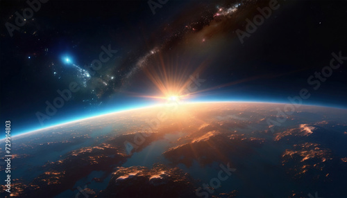 Galactic space background featuring a planet surface illuminated by sunlight. A futuristic fantasy planet viewed from space, ideal for realistic wallpaper. © Tatiana