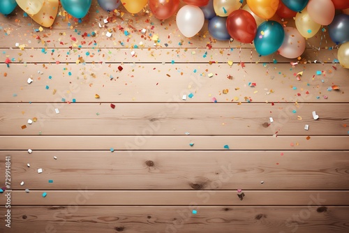 Colorful balloons and confetti on wooden background, Ai Generated