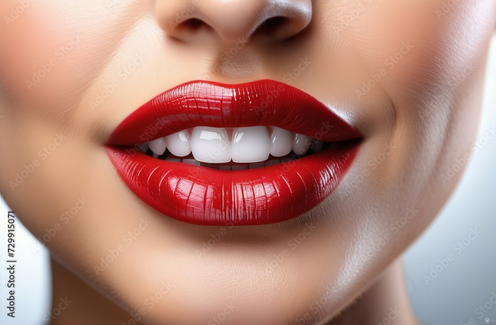 Obraz premium close up lips of a woman. Red female lips close-up. White teeth.