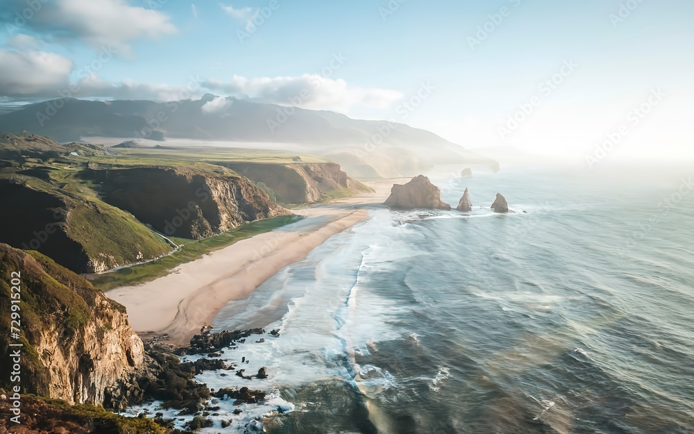 Serene ocean coastline with white mist. Tranquil landscape