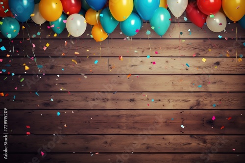 Colorful balloons and confetti on wooden planks background, Ai Generated