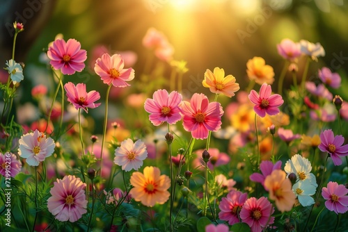 Blooming Beauties A Sunny Afternoon in a Field of Pink and Yellow Flowers Generative AI © Mandeep