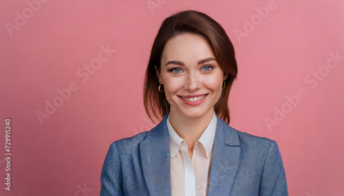 Portrait of a joyful woman looking directly into the camera. A beautiful businesswoman dressed professionally in a suit against an isolated pink background. photo