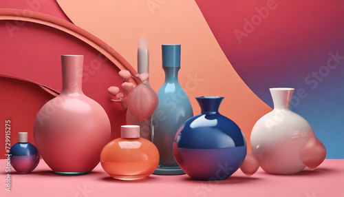 Product Mockup Background Featuring Abstract Vase and Bottle Shapes Made of Colored Transparent Glass. Brightly Colored Mockup Podium Background Ideal for Perfume or Cosmetic Product Displays.