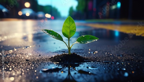 A small plant sprout grows out of a puddle on a rainy city street. The street is wet and reflective, with traffic lights in the background.