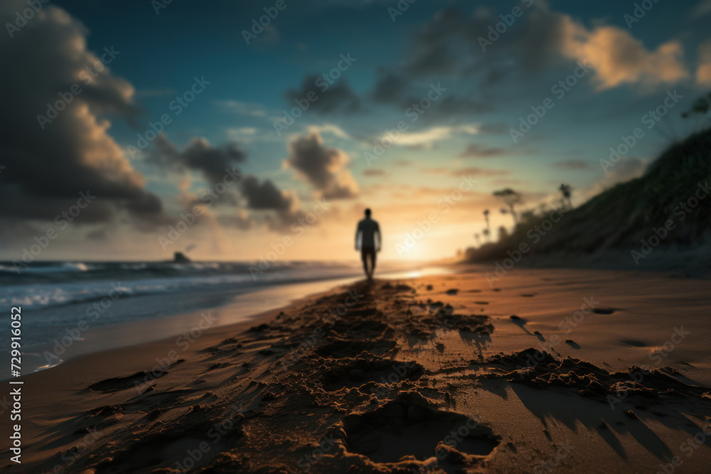 A person's silhouette running along a beach, footprints trailing behind, epitomizing the liberating act of leaving one's mark on the world. Generative Ai.